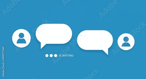 A minimalist digital illustration depicting a chat conversation with user avatars and a typing indicator on a blue background.