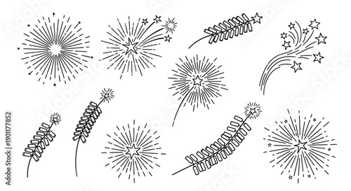 A collection of black and white line art illustrations depicting various fireworks and firecrackers, some bursting with stars and rays, others as unlit strings.