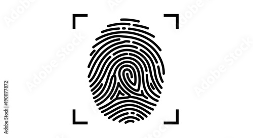 A black and white graphic illustration of a human fingerprint with a scanning frame around it, symbolizing security and identification.