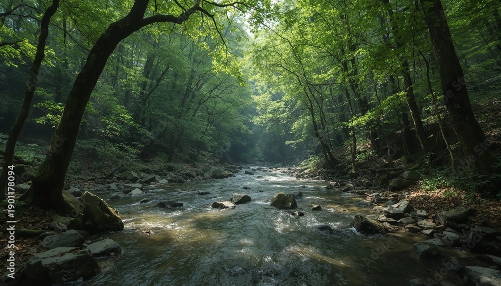 Obraz premium A serene forest landscape with a gentle stream flowing through the trees, surrounded by lush greenery and natural beauty.
