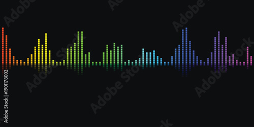 Vibrant rainbow digital audio equalizer sound wave visualization on a dark background with reflections