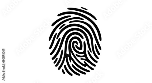A clear, black and white illustration of a human fingerprint showing the unique ridge patterns and whorls, centered on a white background.
