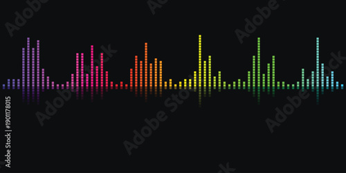 Colorful digital music equalizer spectrum waveform on black background with reflection