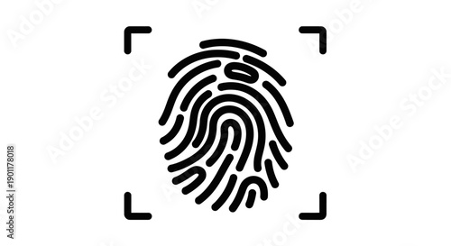 Black fingerprint icon with scanning frame on white background representing biometric identification and security.
