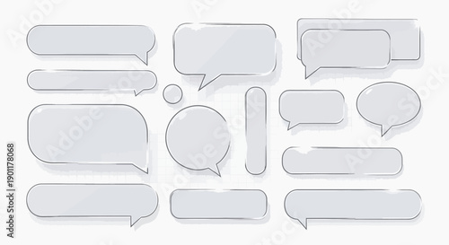 A collection of glossy, silver-bordered speech bubbles and chat boxes in various shapes and sizes, on a white background.