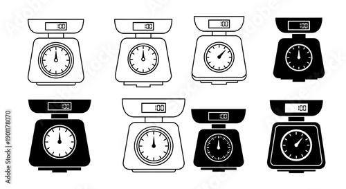A collection of various kitchen scales in both outline and solid black designs, featuring analog dials and digital displays.