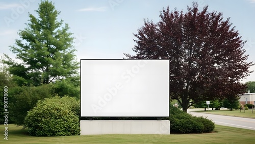 Wallpaper Mural Large blank white billboard sign mounted on concrete base in grassy field surrounded by lush green trees and bushes with road visible in background under bright clear sky Torontodigital.ca