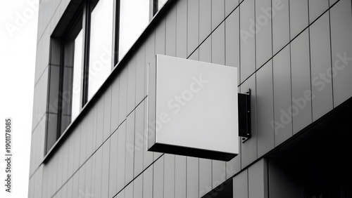 Wallpaper Mural Modern minimalist square white sign box mounted on grey building facade with textured paneling and windows, creating sleek architectural exterior detail against bright sky Torontodigital.ca