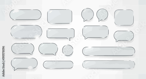 A collection of glossy glass-like buttons, speech bubbles, and text boxes with metallic borders on a light background.