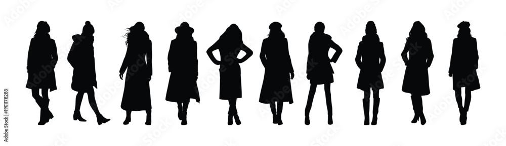 Obraz premium Women standing wearing winter clothes silhouette set isolated on white background vector illustration