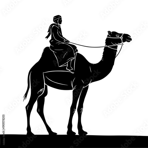 Man riding camel through desert landscape in traditional attire
