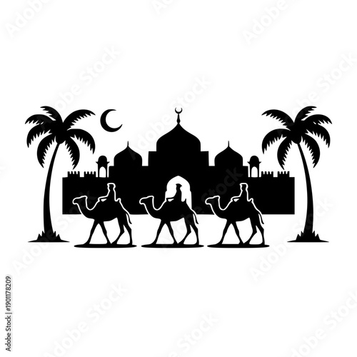 Camels walking towards mosque under crescent moon