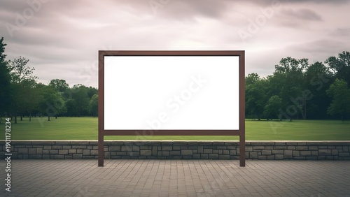 Wallpaper Mural Blank white billboard frame with brown border set outdoors in front of green park landscape under cloudy sky for advertising mockup Torontodigital.ca