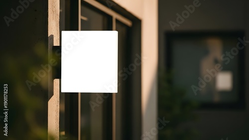 Wallpaper Mural Blank square sign on a concrete column next to a building window with an office in the blurred background creating a mock up for a logo or text Torontodigital.ca