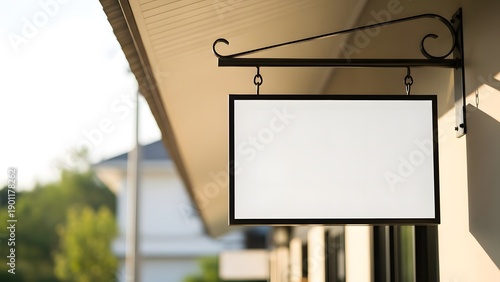 Wallpaper Mural Horizontal blank sign mock up with an elegant black wrought iron bracket hanging from a building facade in a sunny outdoor setting Torontodigital.ca