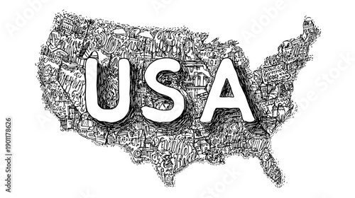 United States of America vector illustration of country and region isolated on white with text USA 