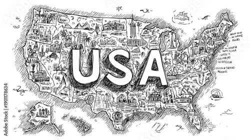 United States of America vector illustration of country and region isolated on white with text USA 