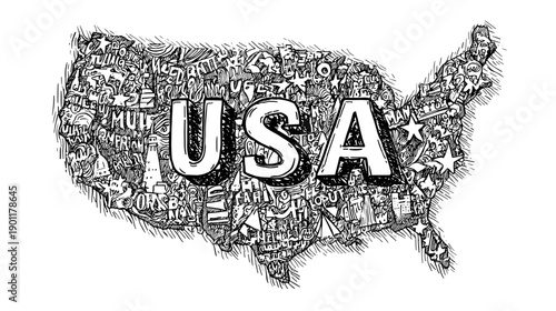United States of America vector illustration of country and region isolated on white with text USA 