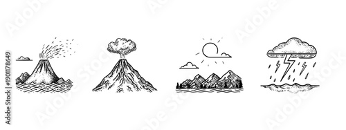 vector illustration of a mountain landscape volcano set isolated on white background 