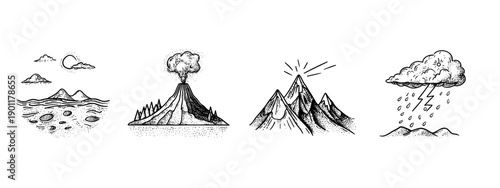 vector illustration of a mountain landscape volcano set isolated on white background 