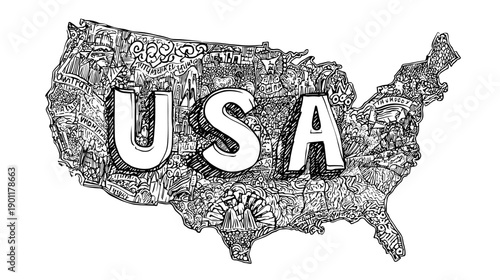 United States of America vector illustration of country and region isolated on white with text USA 