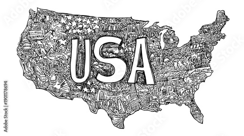United States of America vector illustration of country and region isolated on white with text USA 