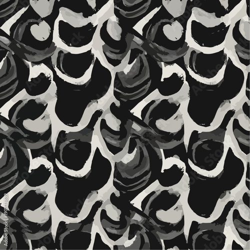 Abstract black and white pattern with swirling shapes, creating a textured background design
