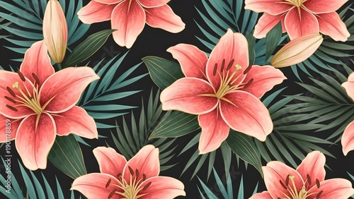 Wallpaper Mural Seamless tropical pattern with large pink lilies and dark palm leaves against black background floral illustration for exotic wallpaper textile design Torontodigital.ca