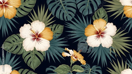 Wallpaper Mural Elegant seamless tropical pattern featuring large white and yellow hibiscus flowers dark foliage on deep navy background for luxury textile Torontodigital.ca