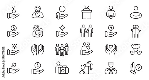 Charity and donation icons set linear line icons style vector illustrations for social care and support