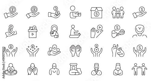 Set of 30 simple outline icons for charity, donation, helping, and islamic zakat concept for web and apps