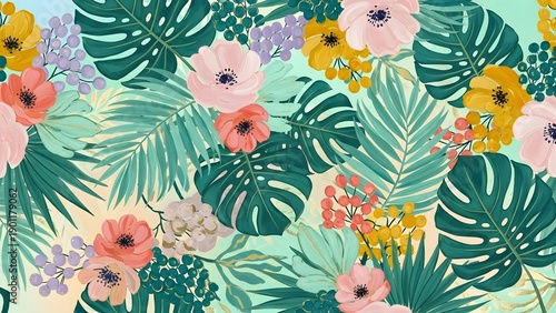 Wallpaper Mural Monstera leaves with colorful flowers and berries in vibrant jungle pattern design with summer tropical greenery and palm fronds for fashion prints and decorative textile surfaces Torontodigital.ca