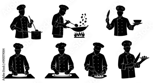 Collection of Silhouettes of Chefs in Various Culinary Actions, Demonstrating Cooking Techniques and Food Preparation in a Kitchen Environment