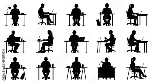 Diverse group of silhouetted individuals engaged in office work at desks with laptops and computers, illustrating modern workplace activities and remote work scenarios.