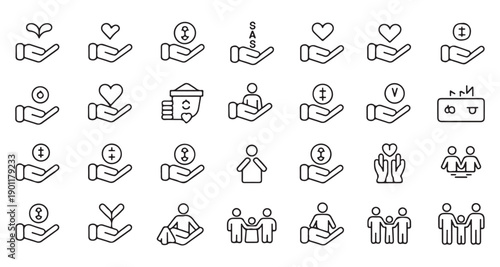 Line icon set illustrating growth, care, support, and human connection, diverse people and relationships