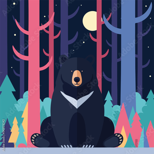 Black Bear Sitting in Forest at Night.