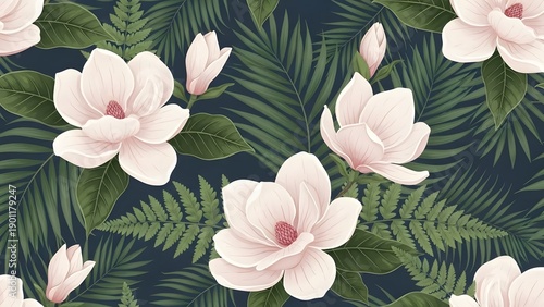 Wallpaper Mural Seamless pattern with white magnolia flowers and green tropical palm leaves on dark background for textile fabric print wallpaper wrapping paper design Torontodigital.ca