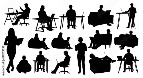 Diverse group of people working and relaxing with laptops and devices in various indoor and casual settings, showcasing modern lifestyle and remote work.