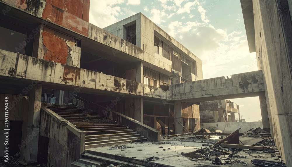 Obraz premium Decaying concrete buildings show damage and wear, a sign of age or conflict