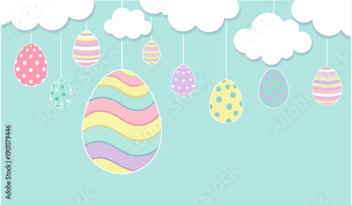 Happy Easter greeting card with easter eggs hanging on clouds paper clip style vector illustration