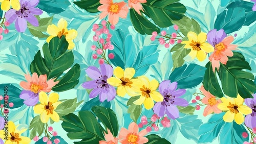 Wallpaper Mural Tropical floral pattern with vibrant yellow, purple, and orange flowers, lush green leaves, and pink berries on a light blue background, creating a cheerful and lively design Torontodigital.ca