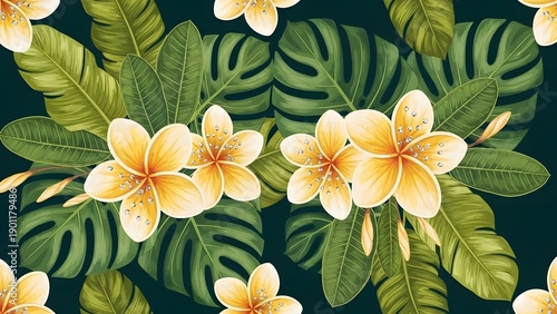 Wallpaper Mural Lush tropical seamless pattern with vibrant yellow plumeria flowers adorned with small white jewels, surrounded by large, dark green banana and monstera leaves, creating an opulent and exotic design Torontodigital.ca