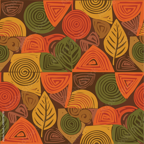 Abstract autumn-themed seamless pattern featuring geometric shapes and natural elements.