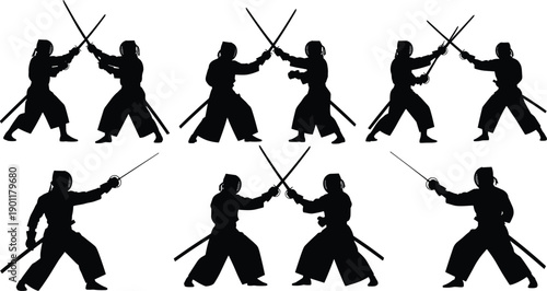 Silhouette, kendo, fighters, sword, combat, martial, arts, training, duel, samurai, practice, stances, techniques, traditional, Japanese, discipline, strength, balance, illustration, collection