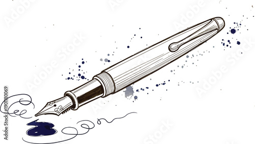 Fountain pen leaks dark ink onto white surface.