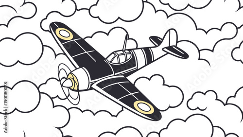 Vintage fighter airplane illustration flying through clouds in bold line art style. Classic aviation artwork inspired by World War era aircraft and pilot adventure. Clean monochrome cartoon design on 