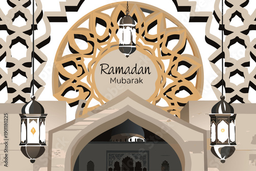 Ramadan Mubarak ornate mosque entrance with Islamic geometric patterns. Elegant archway design with lanterns and warm lighting. Perfect festive illustration for holy month celebration.
