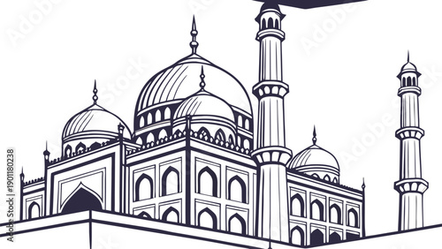 Islamic mosque illustration with domes and minarets in detailed line art style. Elegant architectural drawing inspired by Mughal and Middle Eastern design. Clean monochrome artwork on white background