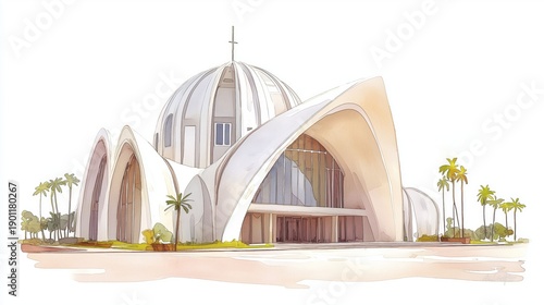 Basilica of Our Lady of Peace in Yamoussoukro. Basilica of Our Lady of Peace in Yamoussoukro hand drawn watercolor illustration on white background