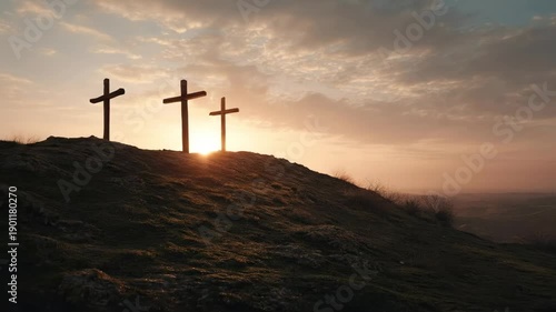 Man with crown of thorns silhouette against sunset, overlaid on crosses on a hill at sunrise, representing the Easter concept